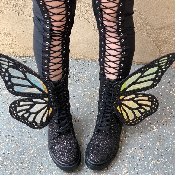 Butterfly Boots Glitter Rave Burning Man EDC Black - Picture 2 of 7